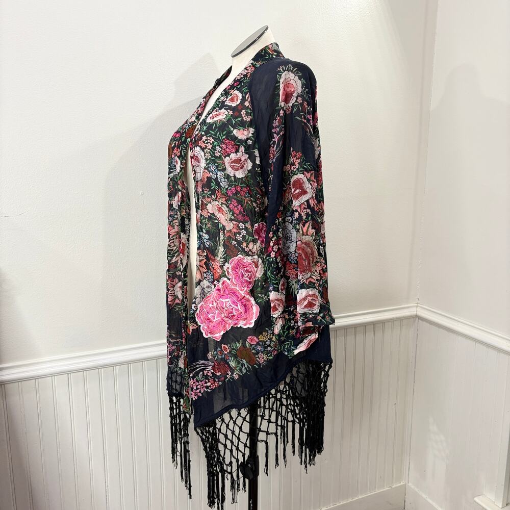 Soft Surroundings Plus Size 1X Kimono Cardigan Fringe Floral Embroidered Boho - Picture 2 of 13